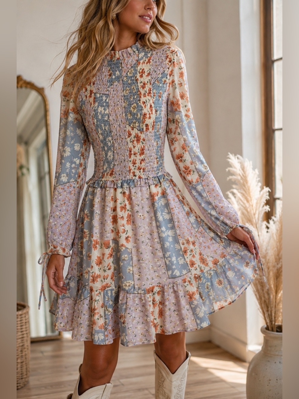 Aura Floral Smocked Long Sleeve Mini Dress Cottagecore Prairie Boho Size Small